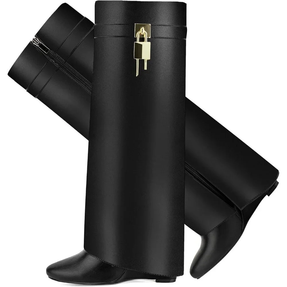 Women Faux Leather Black Pull-on Wedge Heel Knee Shark Padlock Design Boot